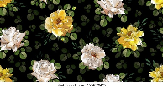 Vector seamless floral pattern with roses on black background. Bright yellow, cream flowers rose, green leaves. Stock illustration for design textile, wallpapers, wrapping paper.Watercolor style. 