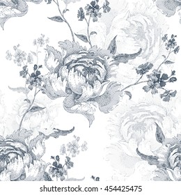 Vector seamless floral pattern with roses. Black and white.