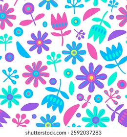 Vector seamless floral pattern, simple forms flowers, blue and yellow doodle pattern for kids