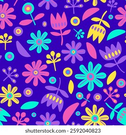 Vector seamless floral pattern, simple forms flowers, blue and yellow doodle pattern for kids