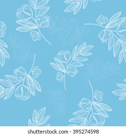 Vector seamless floral pattern with sketch botanical hand drawn elements - firethorn branches, flowers, berries and bloom in vintage style texture