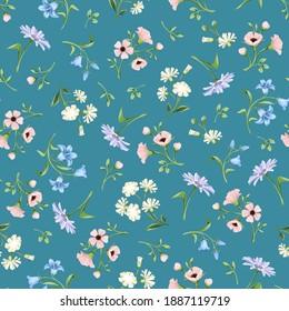 Vector seamless floral pattern with small pink, blue, white and purple flowers on a celadon background.