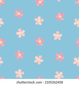 Vector seamless floral pattern with small pink flowers on a blue background.