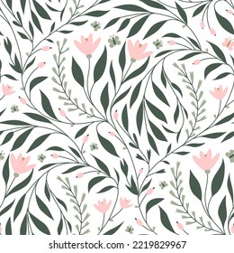 Vector seamless floral pattern with small pink flowers and butterflies on a white background