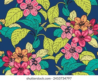 Vector seamless floral pattern. Small colorful flowers. Dark blue background. Liberty floral background. Beautiful template for fashion prints. background illustration for textile, wallpepar printing 