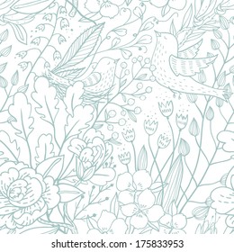 vector seamless floral pattern with spring flowers and birds