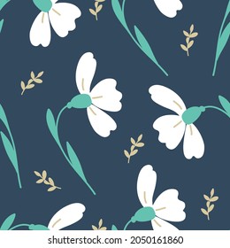vector seamless floral pattern, spring flowers white crocuses on blue background