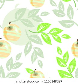 Vector seamless floral pattern stylized striped apples
against a background of green leaves in a graphic style in pastel colors