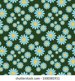 Vector seamless floral pattern stylized daisy flowers with blue petals on a green background