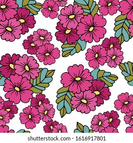 Vector seamless floral pattern. Stylized daisy flowers, violets, berries, leaves. Loom by hand. Ideal for paper, gift and textile products.