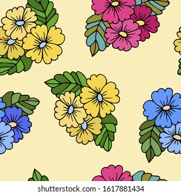Vector seamless floral pattern. Stylized daisy flowers, violets, berries, leaves. Loom by hand. Ideal for paper, gift and textile products.