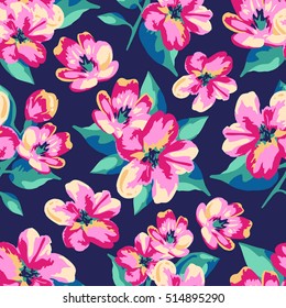 Vector seamless floral pattern with stylized apple blossom flowers ornament