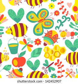 Vector seamless floral pattern. Summer composition with honeycomb, bees, flowers. Use it as pattern fills, web page background, surface textures, fabric or paper, backdrop design. Summer template.