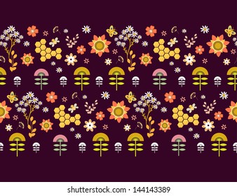 Vector seamless floral pattern. Summer composition with honeycomb, bees, flowers. Use it as pattern fills, web page background, surface textures, fabric or paper, backdrop design. Summer template.