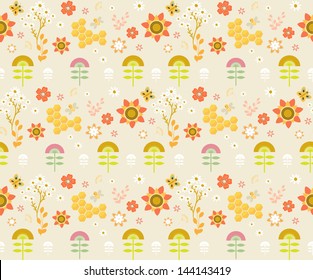 Vector seamless floral pattern. Summer composition with honeycomb, bees, flowers. Use it as pattern fills, web page background, surface textures, fabric or paper, backdrop design. Summer template.
