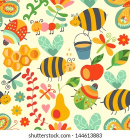 Vector seamless floral pattern. Summer composition with honeycomb, bees, flowers. Use it as pattern fills, web page background, surface textures, fabric or paper, backdrop design. Summer template.