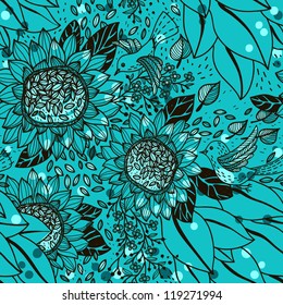 vector seamless floral pattern with sunflowers and birds