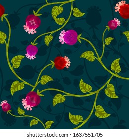 Vector seamless floral pattern for surface design. Bright flowers on dark back. 
