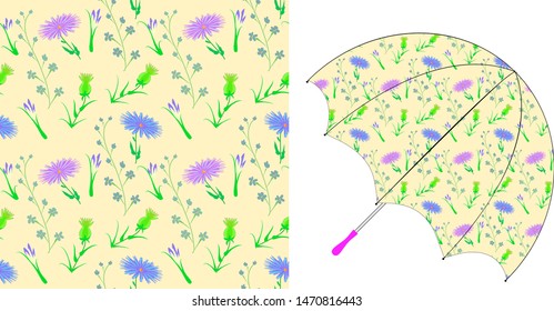 Vector seamless floral pattern for textile design, an example of the design of an umbrella. Small wildflowers on a yellow background in pastel color