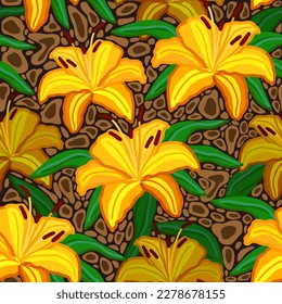 Vector seamless floral pattern with tiger lillies and leopard texture on dark brown background.