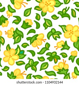 Vector seamless floral pattern. Tiny yellow flowers and green leaves on white background. Bright summer boundless background. Tileable design element.