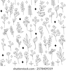 Vector seamless floral pattern with tiny graphic flowers and sparkle