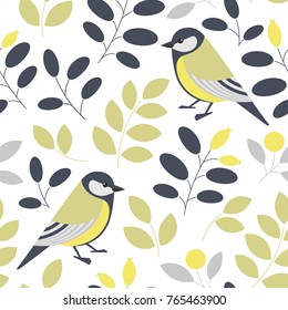 Vector seamless floral pattern with titmouse birds.