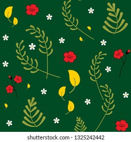 Vector seamless floral pattern. Trendy decorative colourful spring botanical pattern. Set of different plants, leaves and flowers. Cute objects on green background.