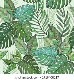 Vector Seamless floral pattern, Tropical palm leaves, jungle leaves