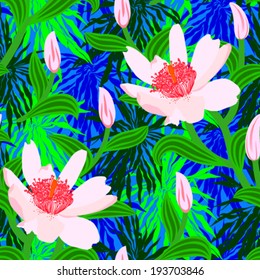 Vector seamless floral pattern with tropical decor: big pink flowers on background of palm leaves, bushes, branches and jungle foliage