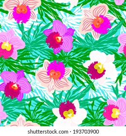 Vector seamless floral pattern with tropical decor: big bright orchid flowers on background of palm leaves, bushes, branches and jungle foliage