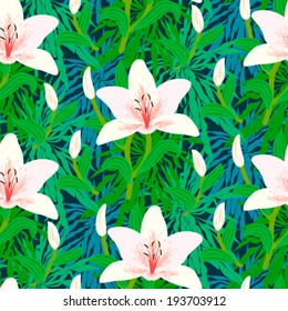 Vector seamless floral pattern with tropical decor: big white lily flowers on background of leaves, bushes, branches and jungle foliage