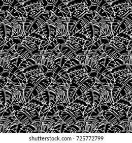 Vector seamless floral pattern with tropical banana leafs inspired by tropic nature and palm tree in black and white. Monochrome jungle print with paradise island foliage. Simple line drawing