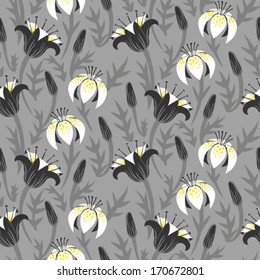 Vector seamless floral pattern with tulips and lilies on grey. Texture for web, print, wallpaper, gift wrapping, home decor, spring summer fashion, wedding invitation background, textile design.