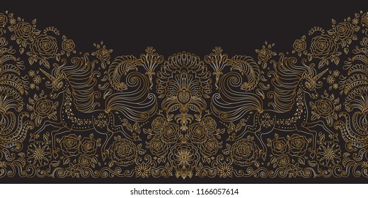Vector seamless floral pattern with Unicorn. Metallic gold hand drawn rose flowers, fantasy leaves, fairy tale animal, ornate cute horse print on black background. Wallpaper fringe, textile border 