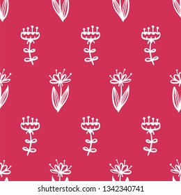 Vector seamless floral pattern. Various white linear flowers on a pink background. Bright boundless background for your summer design.