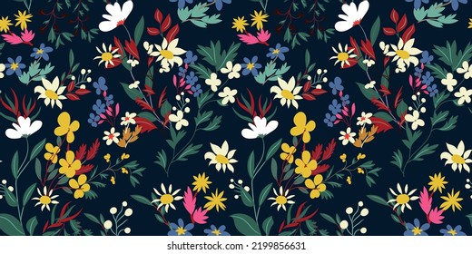 Vector seamless floral pattern with various types of forest flowers, leaves, berries on a dark background. Colorful botanical print in a hand-drawn liberty style. Beautiful flowering plants 