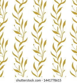 Vector seamless floral pattern. Vertical golden branches with leaves. Simple design for fabrics, wallpapers, textiles, web design. Isolated on white.