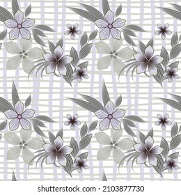 Vector seamless floral pattern of vertical and horizontal stripes in gray pastel colors and decorative shaded flowers with leaves on a transparent background