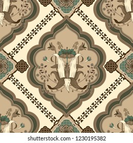 Vector seamless floral pattern, victorian style. Ornamental wallpaper with floral bouquet for backdrop, web, textile, fabric, postcard