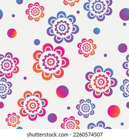 Patrón floral sin fisuras vectorial con flores de gradiente vintage y puntos de polka sobre blanco