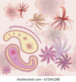 Vector seamless floral pattern in warm pastel colors. Decorative flowers, paisley.