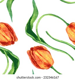 vector seamless floral pattern with watercolor drawing tulips, hand drawn vector illustration
