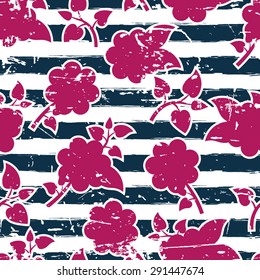 Vector seamless floral pattern, watercolor blue stripes and pink flowers. Abstract summer marine grunge background.