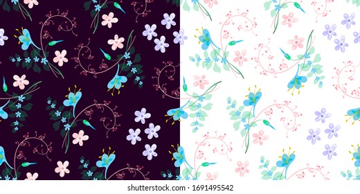 Vector seamless floral pattern white and dark background, decorative bouquets of flowers 