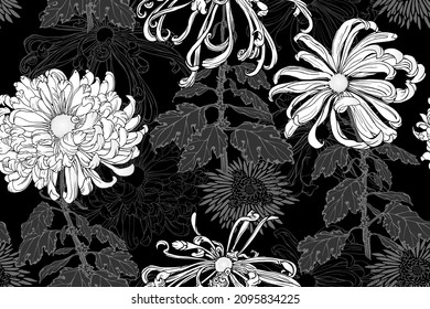 Vector seamless floral pattern of white chrysanthemums flowers with leaves, stems, minimal chrysanthemums and line flowers on black background in japanese graphic style.
