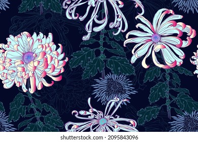 Vector seamless floral pattern of white chrysanthemums with dark blue leaves, stems, minimal chrysanthemums and line flowers on dark blue background in Japanese graphic style for fall-winter season.