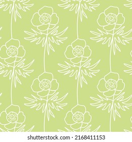 Vector seamless floral pattern in white line on lime background.Repeating botanical print in a minimalist style in bright modern colors.Designs for textiles,wallpaper,fabric,wrapping paper,packaging.
