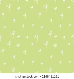 Vector seamless floral pattern in white line on lime background.Repeating botanical print in a minimalist style in bright modern colors.Designs for textiles,wallpaper,fabric,wrapping paper,packaging.
