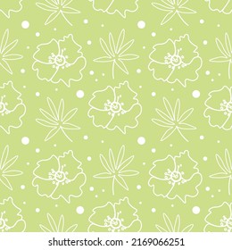 Vector seamless floral pattern in white line on lime background.Repeating botanical print in a minimalist style in bright modern colors.Designs for textiles,wallpaper,fabric,wrapping paper,packaging.